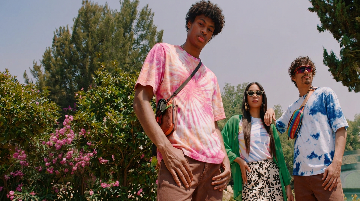 Wyper Tie Dye models wearing colorful tie-dye clothing outdoors in Morocco